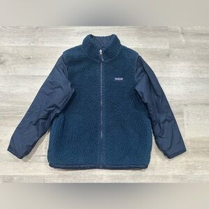 I297 Patagonia Reversible Jacket Kids L 12 Sherpa Lined Full Zipper Navy